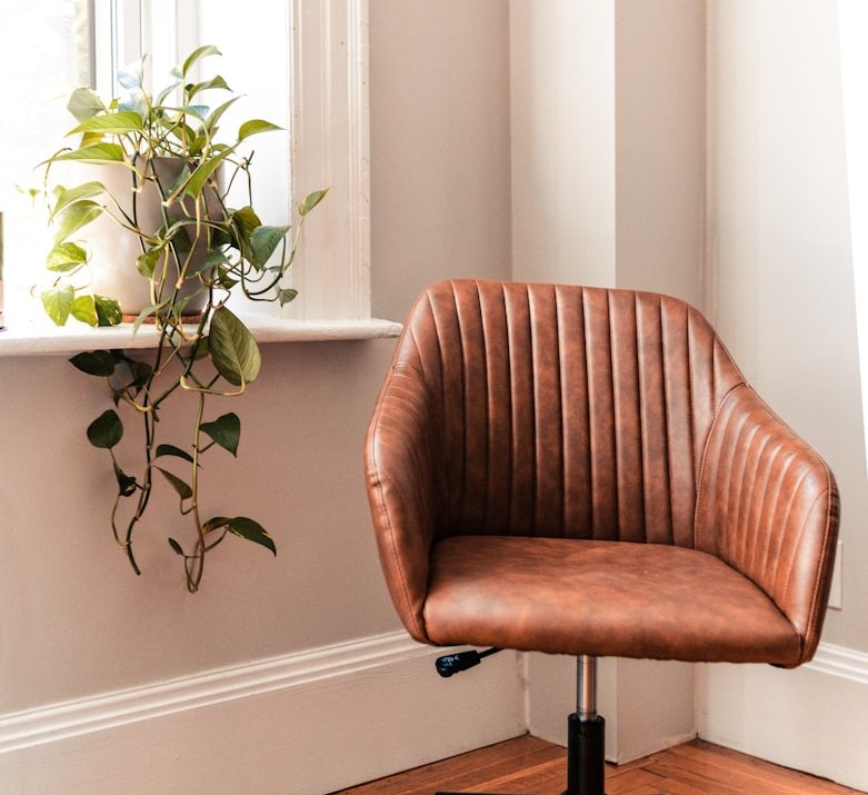 brown and black rolling chair beside green plant